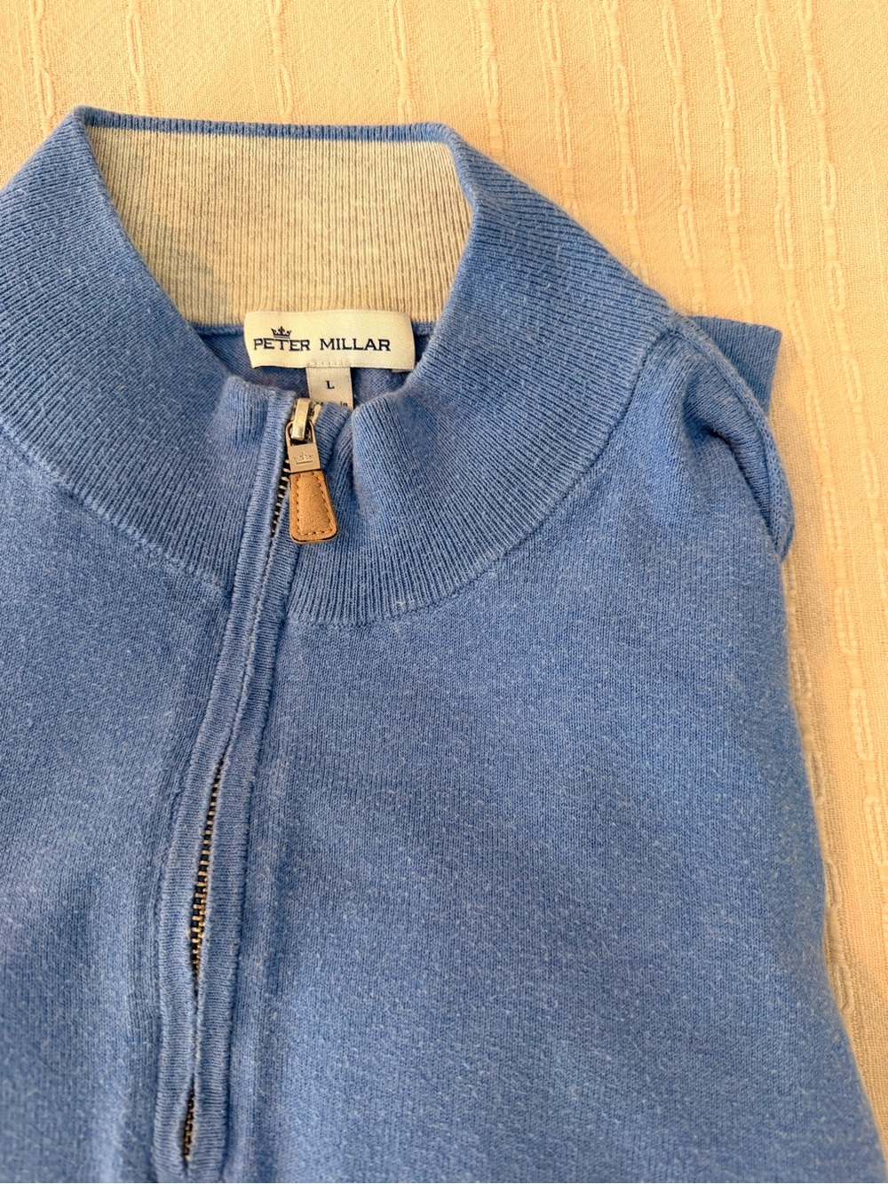 Peter Millar Sky Blue Quarter-Zip Sweater with Leather Pull cashmere